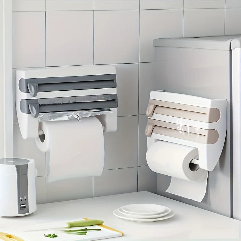 Organizador para cozinha, para papel alumínio, plástico filme e papel toalha Com tesoura 
[Kitchen Organizer] Durable Wall-Mounted Kitchen Organizer | With Built-In Scissors And Aluminum Foil Dispenser