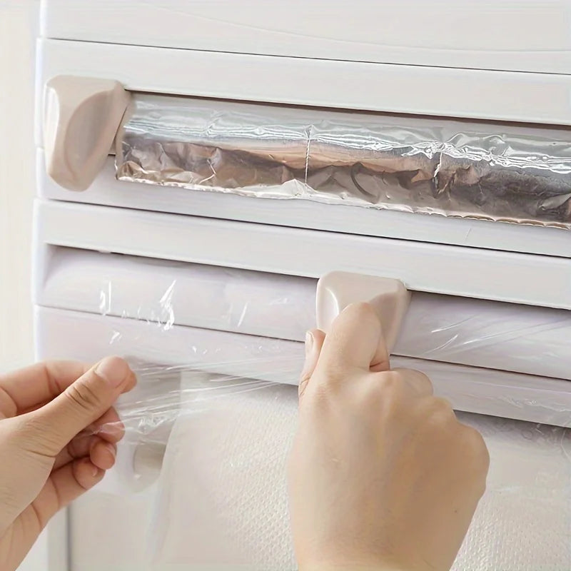 Organizador para cozinha, para papel alumínio, plástico filme e papel toalha Com tesoura 
[Kitchen Organizer] Durable Wall-Mounted Kitchen Organizer | With Built-In Scissors And Aluminum Foil Dispenser