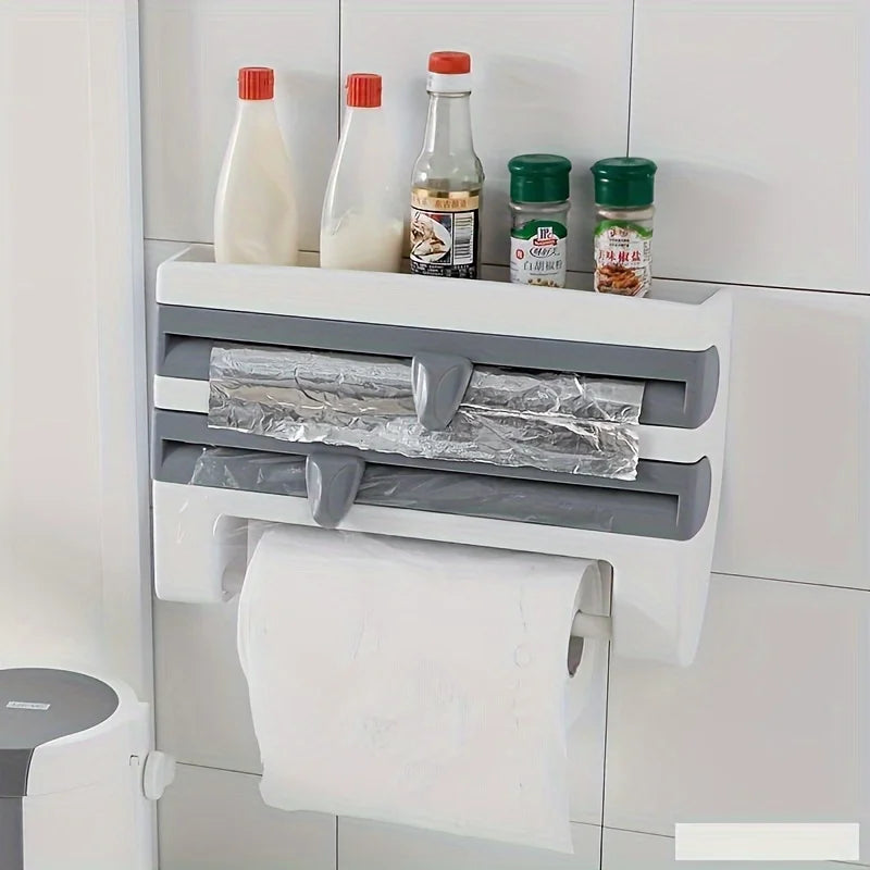 Organizador para cozinha, para papel alumínio, plástico filme e papel toalha Com tesoura 
[Kitchen Organizer] Durable Wall-Mounted Kitchen Organizer | With Built-In Scissors And Aluminum Foil Dispenser