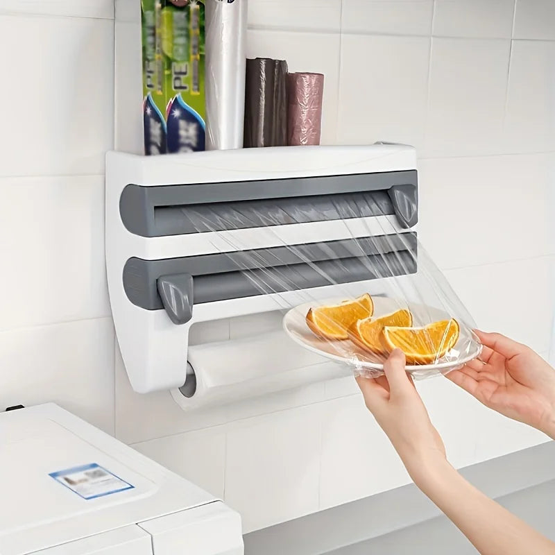 Organizador para cozinha, para papel alumínio, plástico filme e papel toalha Com tesoura 
[Kitchen Organizer] Durable Wall-Mounted Kitchen Organizer | With Built-In Scissors And Aluminum Foil Dispenser