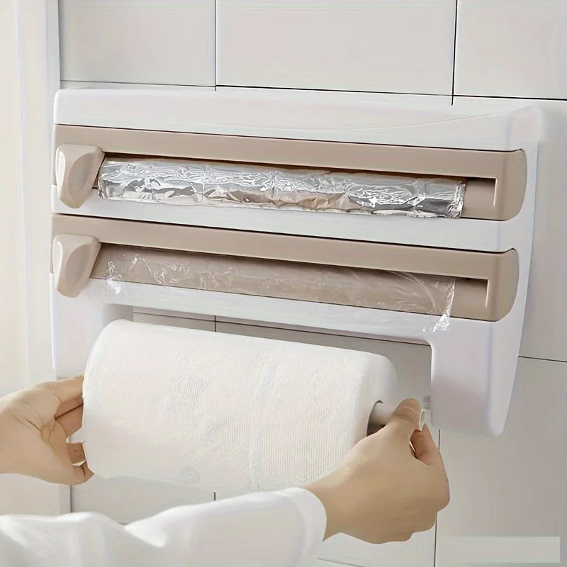 Organizador para cozinha, para papel alumínio, plástico filme e papel toalha Com tesoura 
[Kitchen Organizer] Durable Wall-Mounted Kitchen Organizer | With Built-In Scissors And Aluminum Foil Dispenser