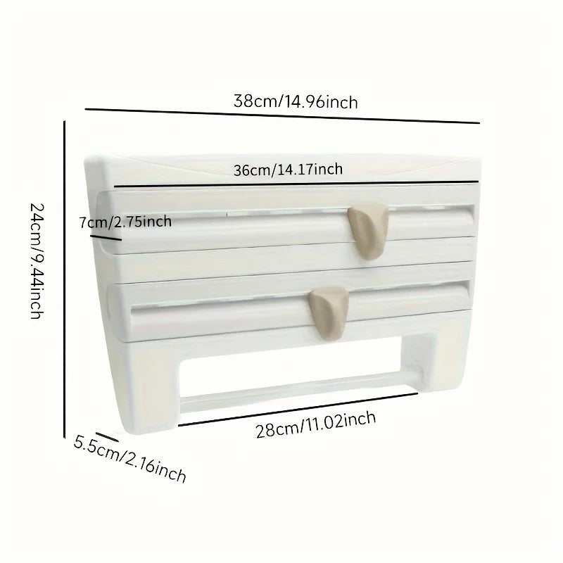 Organizador para cozinha, para papel alumínio, plástico filme e papel toalha Com tesoura 
[Kitchen Organizer] Durable Wall-Mounted Kitchen Organizer | With Built-In Scissors And Aluminum Foil Dispenser